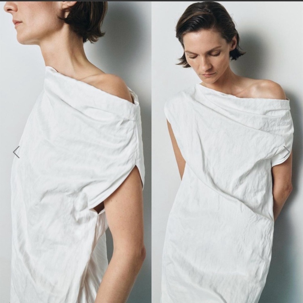 ZARA ZW Collection Asymmetric Crinkle Dress, White, XS - Picture 2 of 12